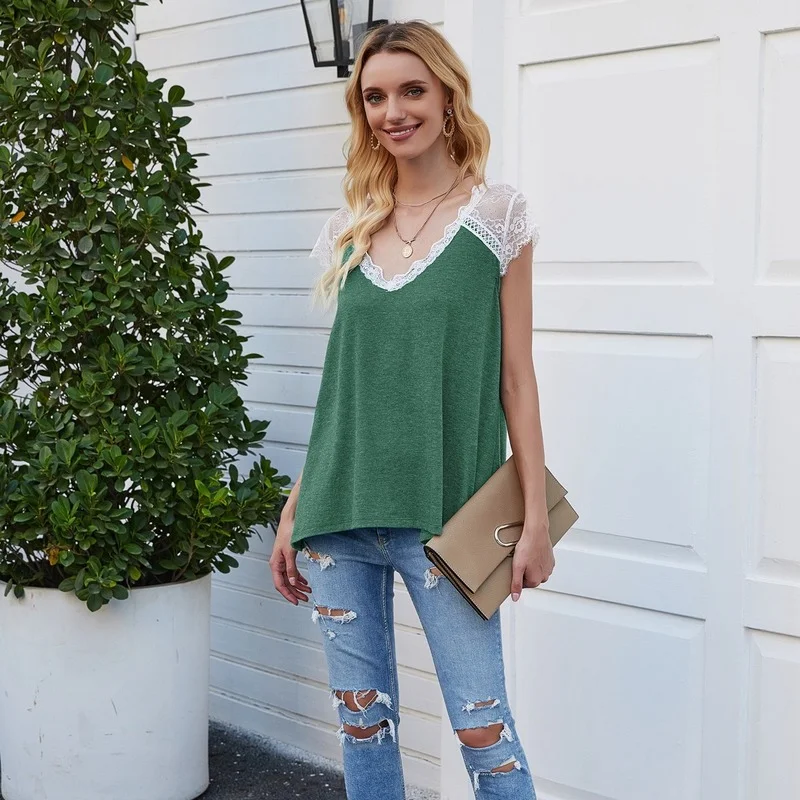 

Summer 2021 TWomen's T Shirts Patchwork Lace Top Loose Vest Woman Tees Blouse Female Fashion Girl Tank Clothing