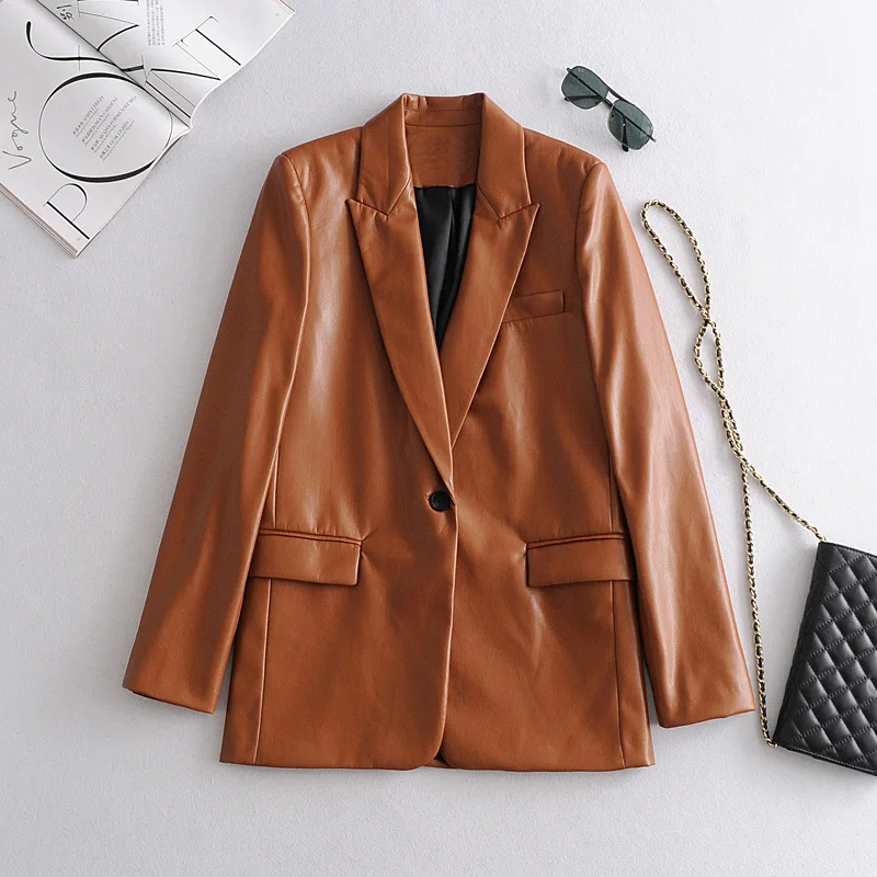 

Loose PU Faux Leather Blazers Women Leather Jacket Coat Brown New Women's Jackets Outerwear Ladies Coats Female Leather Suit
