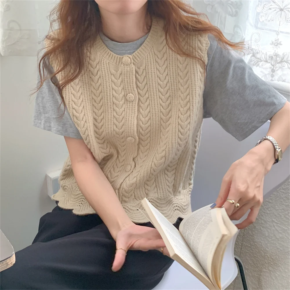 

동대문 Knitwear Sleeveless Chic Sweater Vest Harajuku Vintage All Match Cardigans Loose Lady Casual Autumn Solid OL Coats