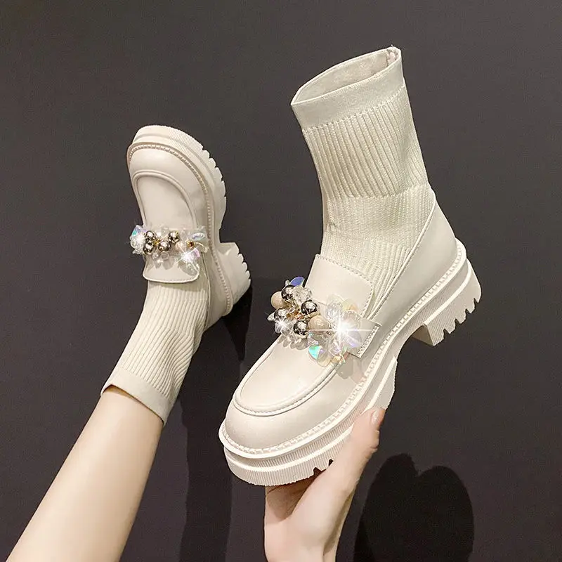 

Shoes Woman Boots of Women 2022 New Spring and Autumn Elastic Cloth Women's Boot Fashion with The British Wind Elastic Tide Boot