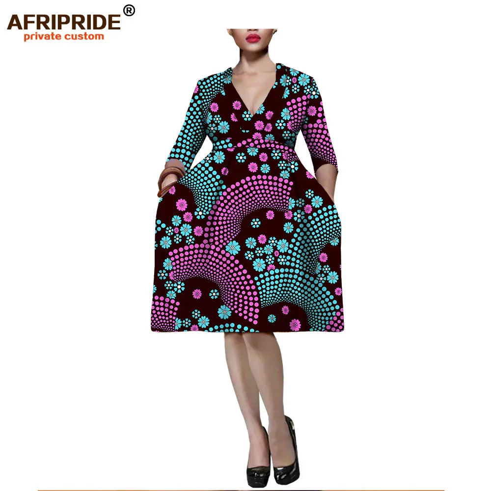 

2019 summer african ankara print A-line dress for women AFRIPRIDE three quarter sleeve knee-length women dress with sashA1825065