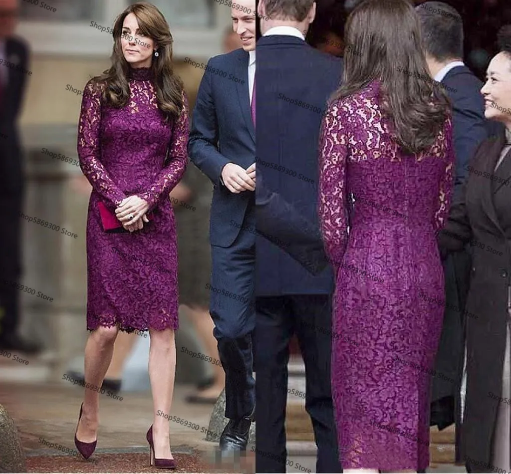 

Purple Lace Knee-length Mother of The Bride Dress 2021 Long Sleeve Kate Middleton Sheath Mother Formal Evening Prom Gown Robes