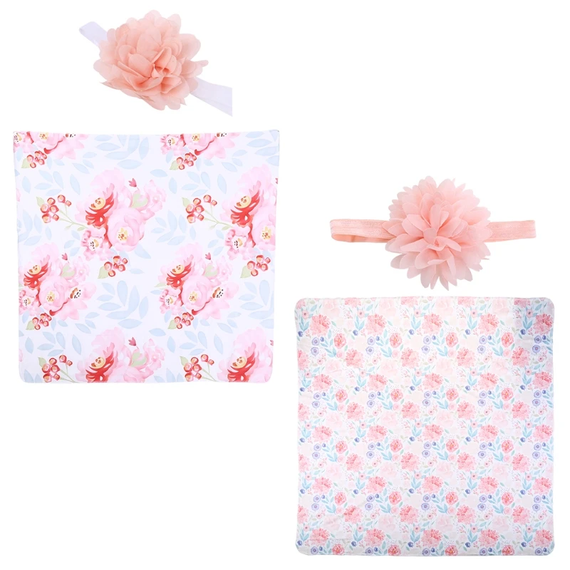 

2 Pcs Newborn Floral Swaddle Wrap+ Headband Set Baby Cotton Receiving Blanket