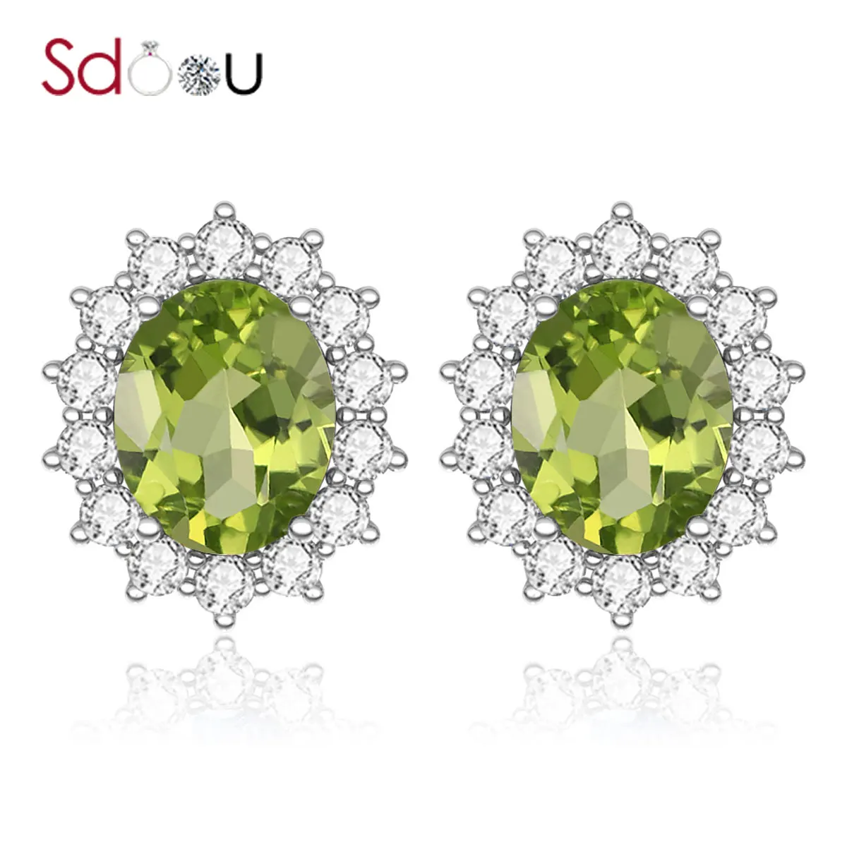 

SDOOU Silver Stud Earrings For Women Green Peridot Snowflower Carved Gemstone 925 Silver Earring Women Engagement Jewelry Gift