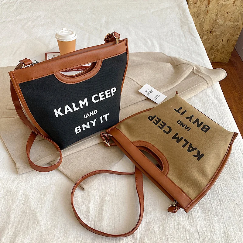

Canvas bag handbags 2021 new Korean style ins Japanese Harajuku canvas diagonal bag portable bucket bag