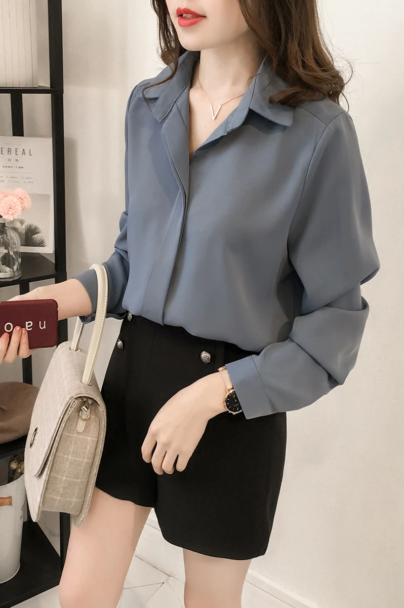 

Simple Long Sleeve Chiffon Top Spring Autumn Women Shirts V Neck Office Lady Minimalist Elegant Blouse Drop Shipping