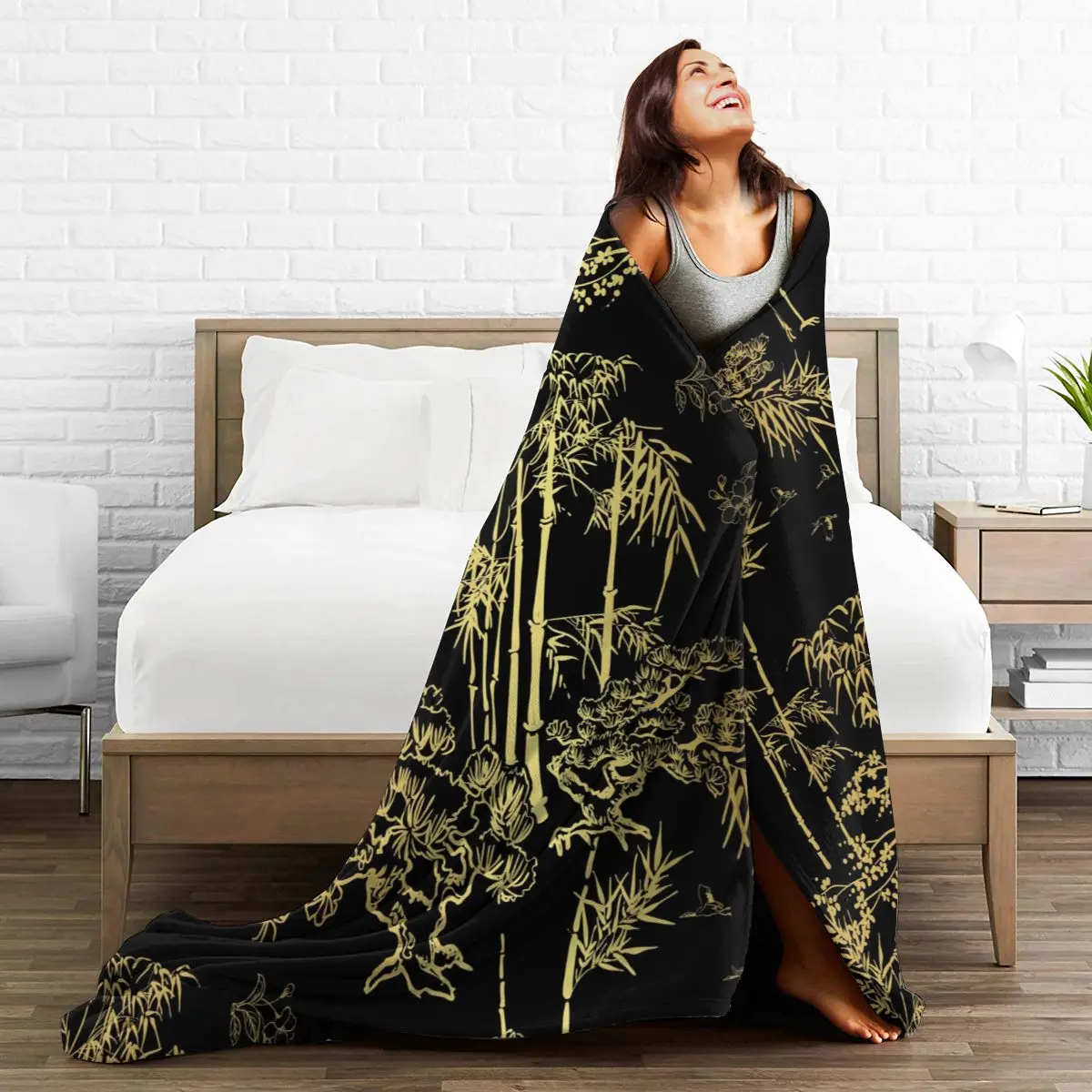 

Unique Blanket to Family Friends Japanese Gold Bamboo Bird Crane Tree Durable Super Soft Comfortable for Home Gift Blanket