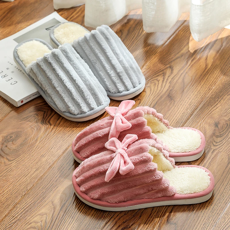 

Butterfly Knot Plush Slippers for Women Japanese Kawaii House Warm Fur Slipper Winter Lovers Indoor Heating Home Cotton Shoes