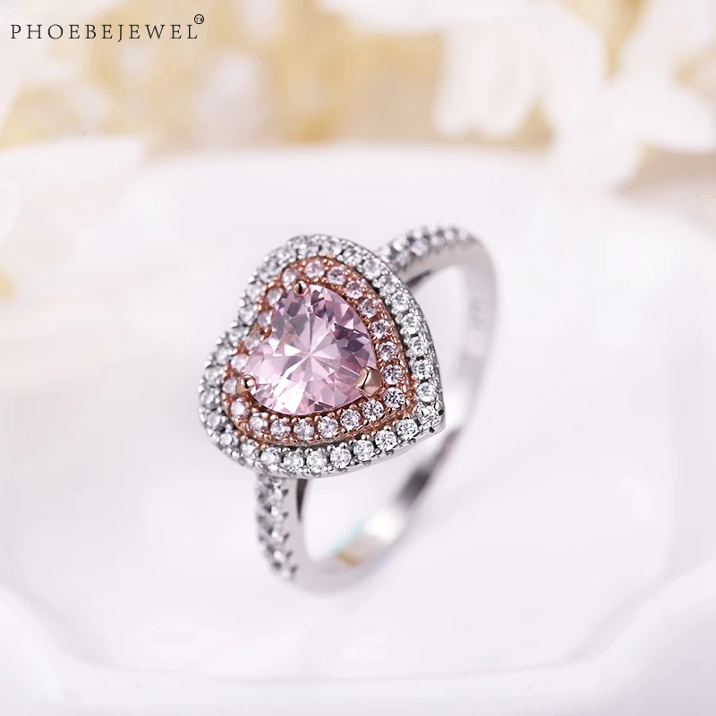 Женские обручальные кольца PHOEBEJEWEL Настоящее серебро 925 пробы с сердцем AAA CZ I Love You