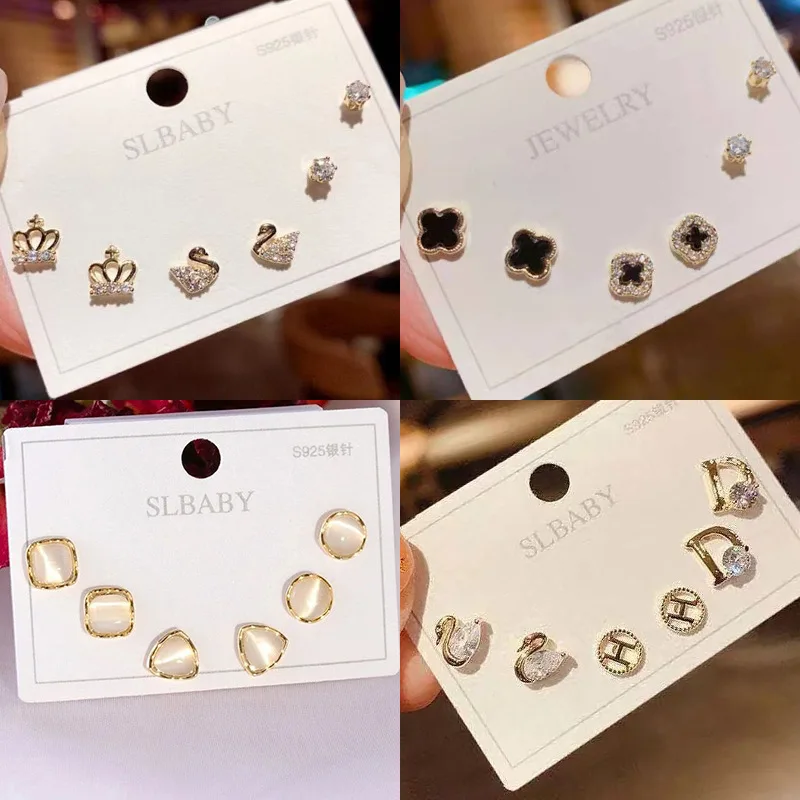 

(3 Pairs) Imitation Silver Needle Japanese and Korean Simple Swan Temperament Rhinestone Female Stud Earrings Opal Earrings