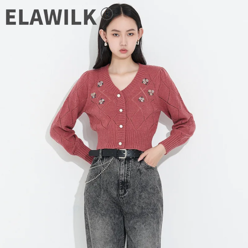 

Korean Style Cropped Cardigan 2021 SPring V neck Hollow out Floral Appliques Short KNitted Sweater Jacket Long Sleeve Top