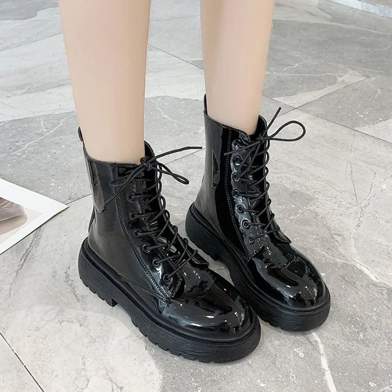 

GOOHOJIO 2020 Autumn All-match Lace-up Boots Ladies Round Toe Ankle Boots for Women Flat Solid Color Square Heel Women Boots