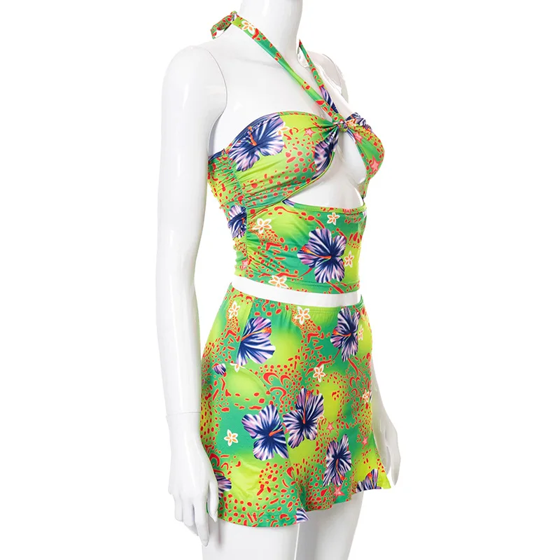 

Floral Print Summer Halter Cut-out Crop Top and Mini Skirt Matching Sets Women Sleeveless Backless Holiday Outfits Two Piece Set