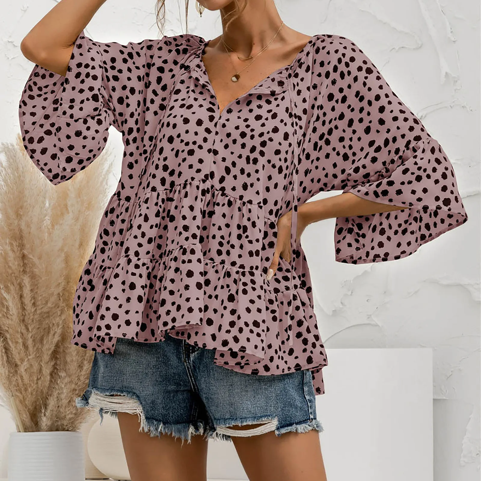 

Women's Blouse Women's Fashion Summer Leopard Print V-neck Half Sleeve Tops Camisas De Mujer Футболка Оверсайз