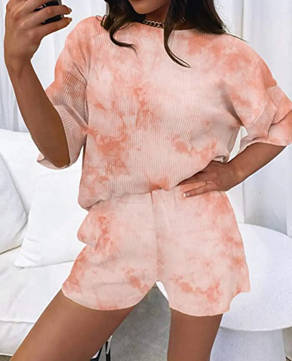 

2021 Summer New Casual Fashion Pit Strip Stained Solid Two-piece Home Clothing Set Sleep Tops Women Pajamas Causal Sportswear