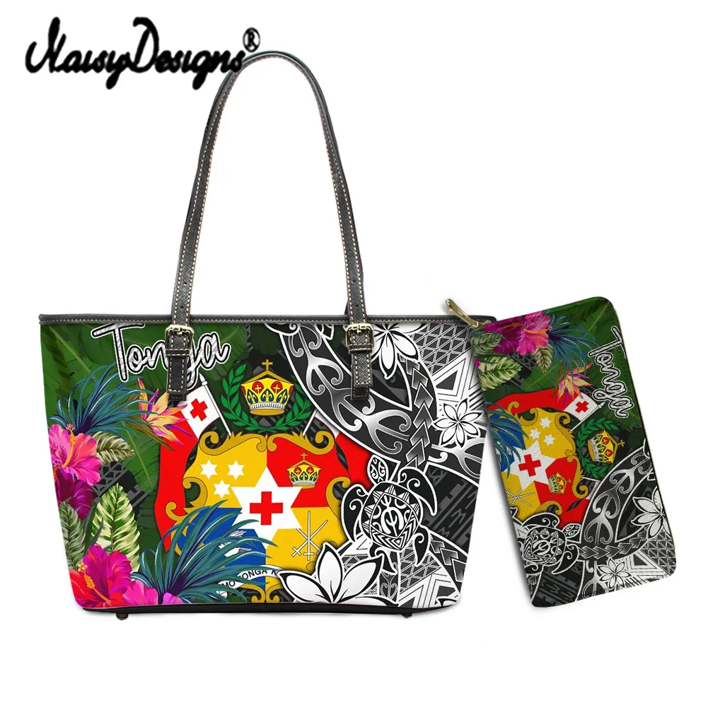 

NOISYDESIGNS Luxury Pu Zipper Large Handbag for Lady Tonga Flag Tropical Leaves Womens Fashion Casual Shoulder Bag Wallet Set
