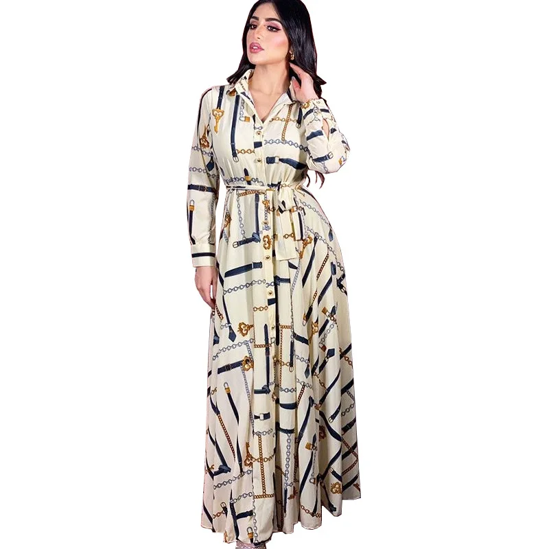 Платье-абайя с принтом на поясе, мусульманское женское халатное платье с воротником-стойкой, кафтан Djellaba, длинное женское платье