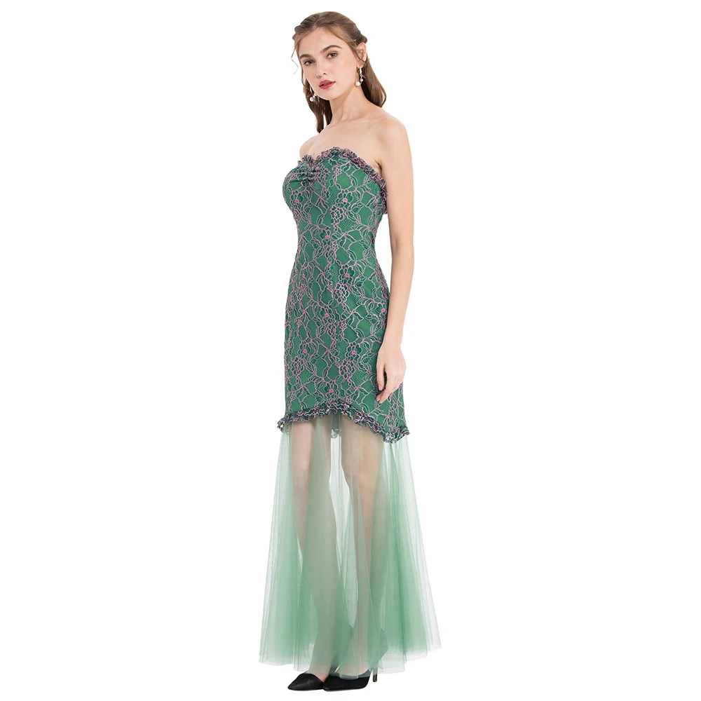 Angel fashions Женский Без бретелек кружевной Цветочный Сращивание иллюзия Тюль Макси