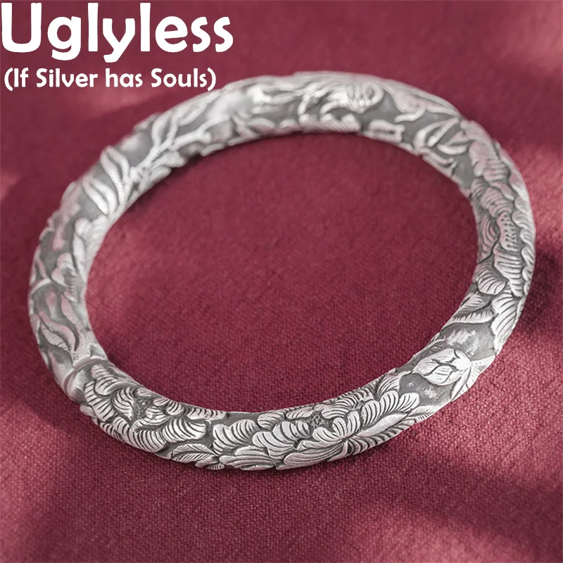 

Uglyless 999 Silver Handmade Miao's Silver Peony Bangles for Women 8MM Thick Solid Floral Bangles Oriental Beauty Vogue Jewelry