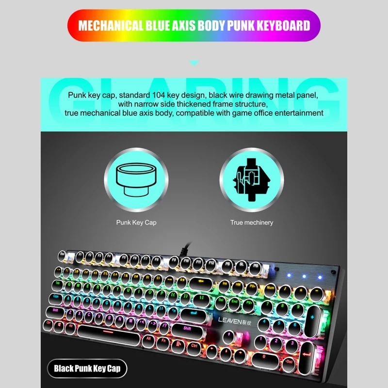 

RETYLY-Leaven K660 Mechanical Gaming Keyboard Ergonomic Waterproof RGB Backlit Wired Keyboard for Desktop Computer PC(104Keys)