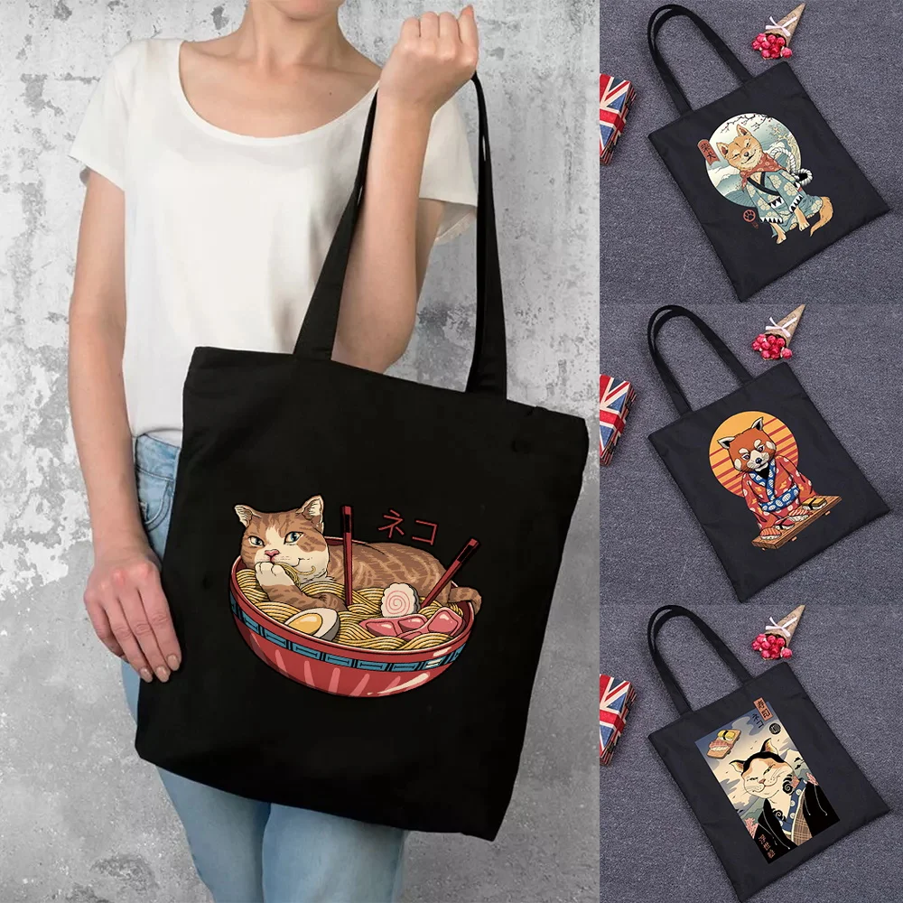 

Women Shopping Bags Cute Classic Cat Pattern Series Eco Shopper Shoulder Bag Fashion Black Printing Handbag Canvas Tote Bag