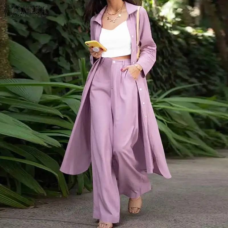 

Комплект ZANZEA Женский Осенний из 2 предметов, модная рубашка с длинным рукавом, повседневные однотонные свободные брюки, костюм с широкими шт...