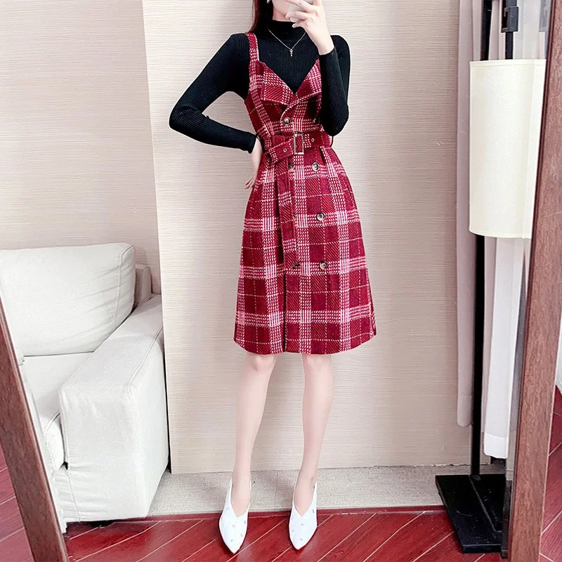 Весенняя мода вязаный свитер без рукавов подтяжки в клетку платье для женщин