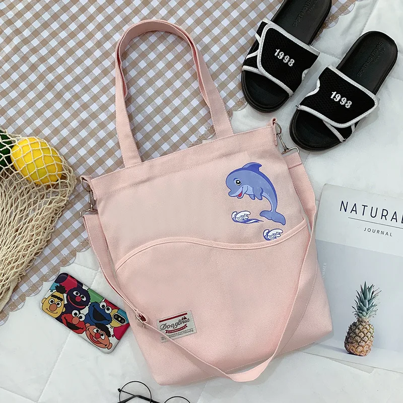

Totes Bags Women 2021 Canvas Shoulder Bag Reusable Shopping Bags Large Capacity Students Books Bag Cute Dolphin Print Handbag
