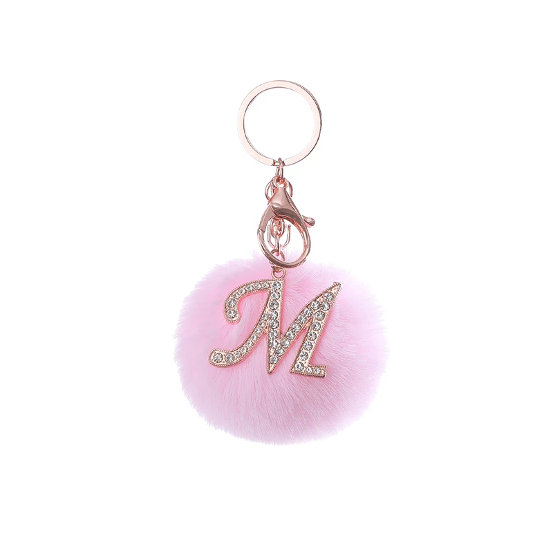 TEH Fluffy Pink Pompom Faux Rabbit Fur Ball Keychains Crystal Letters Key Rings Holder Trendy Jewelry Bag Accessories Gift | Украшения и