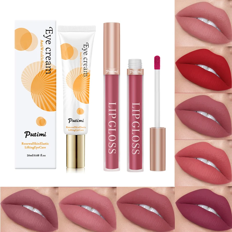 

2pcs/set Moisturizing Non-stick Cup Lipstick for Lip Gloss Matte Velvet Makeup Waterpoof Long Lasting Lipstick with Eye Cream