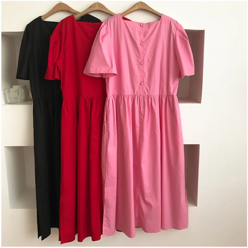 

Korean Sweet Dress Solid Loose Autumn New Vestidos Fashion Back Single-breasted Ladies Loose Square Collor Split Maxi Dress 2020
