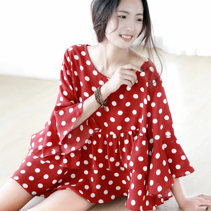 Рубашка женская винтажная с рукавом-фонариком и принтом в горошек | Женская