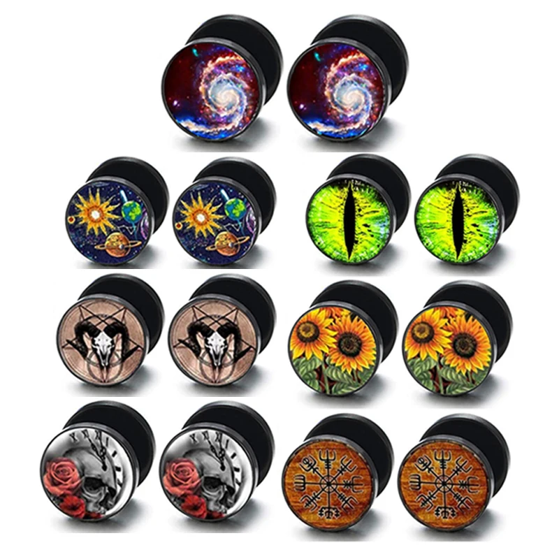 

JUNLOPWY 10mm Wholesales fake ear plugs black men ear stud screw earrings fake ear tunnel cheater ear plug fause fake piercing