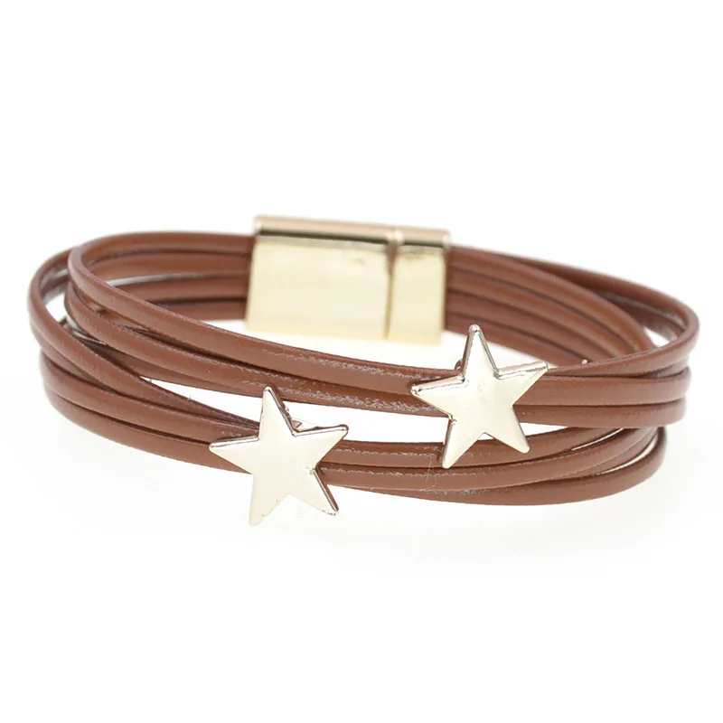 WELLMORE кожаные браслеты для женщин Простые звезды Многослойные широкий браслет
