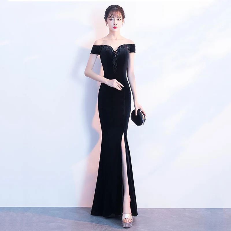 Сексуальное женское платье с открытыми плечами Cheongsam Элегантное Черное узкое вечернее праздничное платье Новинка кисточка Higt платье с разрезом De Festa размер XXL