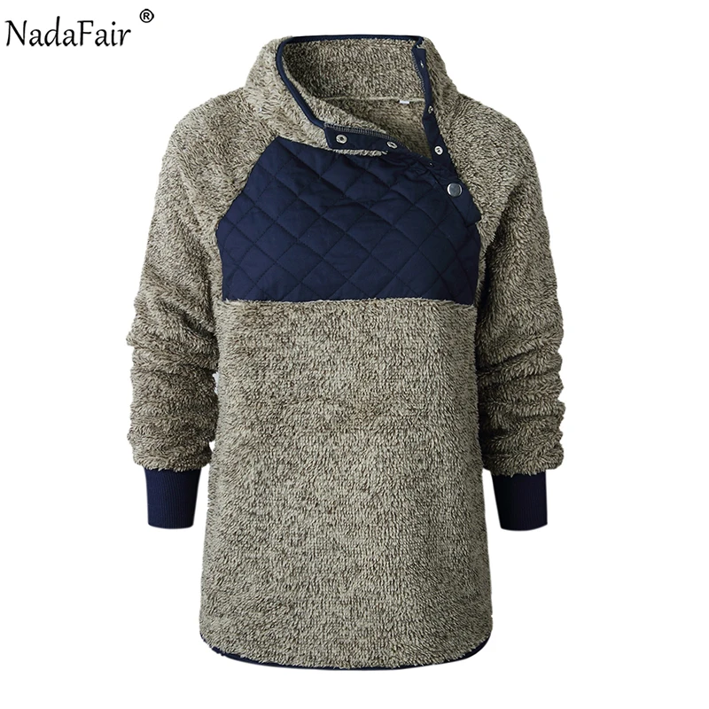 Nadafair флисовая толстовка с капюшоном, Женская Осенняя водолазка из искусственного меха в стиле пэчворк, Повседневная Толстовка размера плюс, женские зимние пуловеры