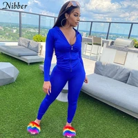 nibber sporty casual long sleeve hooded zipper solid two pieces set women autumn workout skinny top and pants matching set mujer