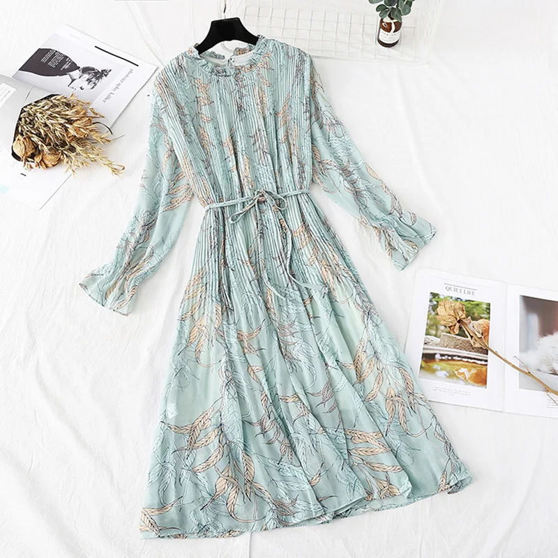 

2020 New Women spring Dress Female Casual Flare Sleeve Office Chiffon Dot Print Dresses A-line Vintage Sweet Clothing Vestidos