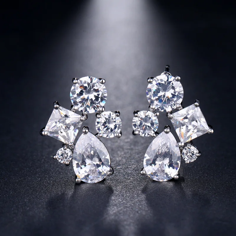 

Luxury Female Crystal Zircon Stone Earrings Fashion Silver Color White Earrings Vintage Double Stud Earrings For Women
