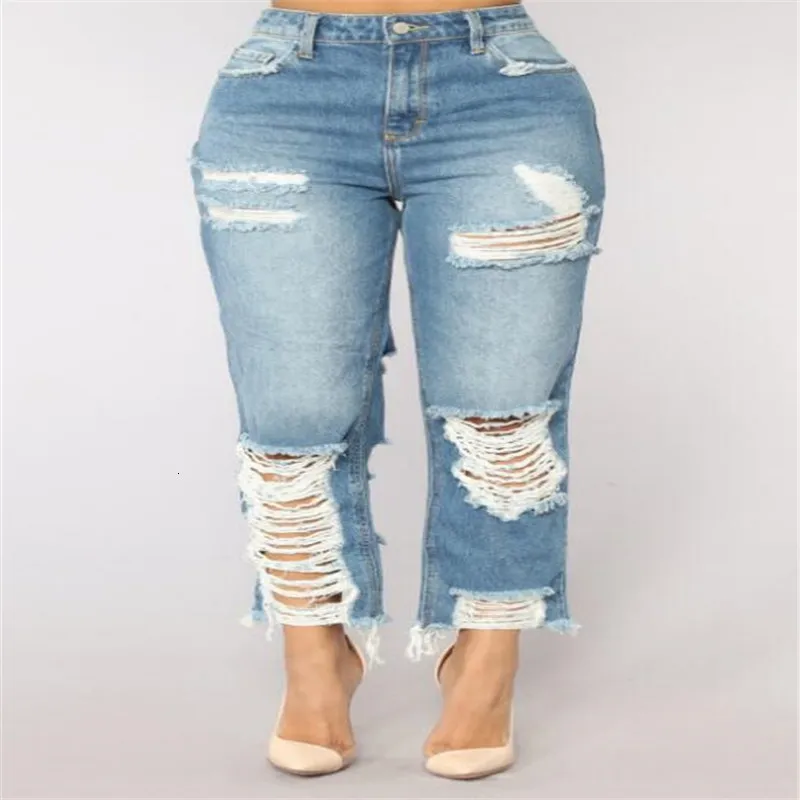 Blue Concerned Boyfriend Broek Female Mid Taille Button Fly Long Dual Bags Ripped Jeans New |