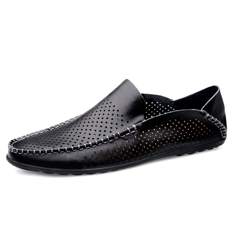

2020 Summer Men Shoes Hollow Breathable Pointed Toe Slip-on Men Leather Shoes Loafers Casual Shoes Light Soft Driving Shoes