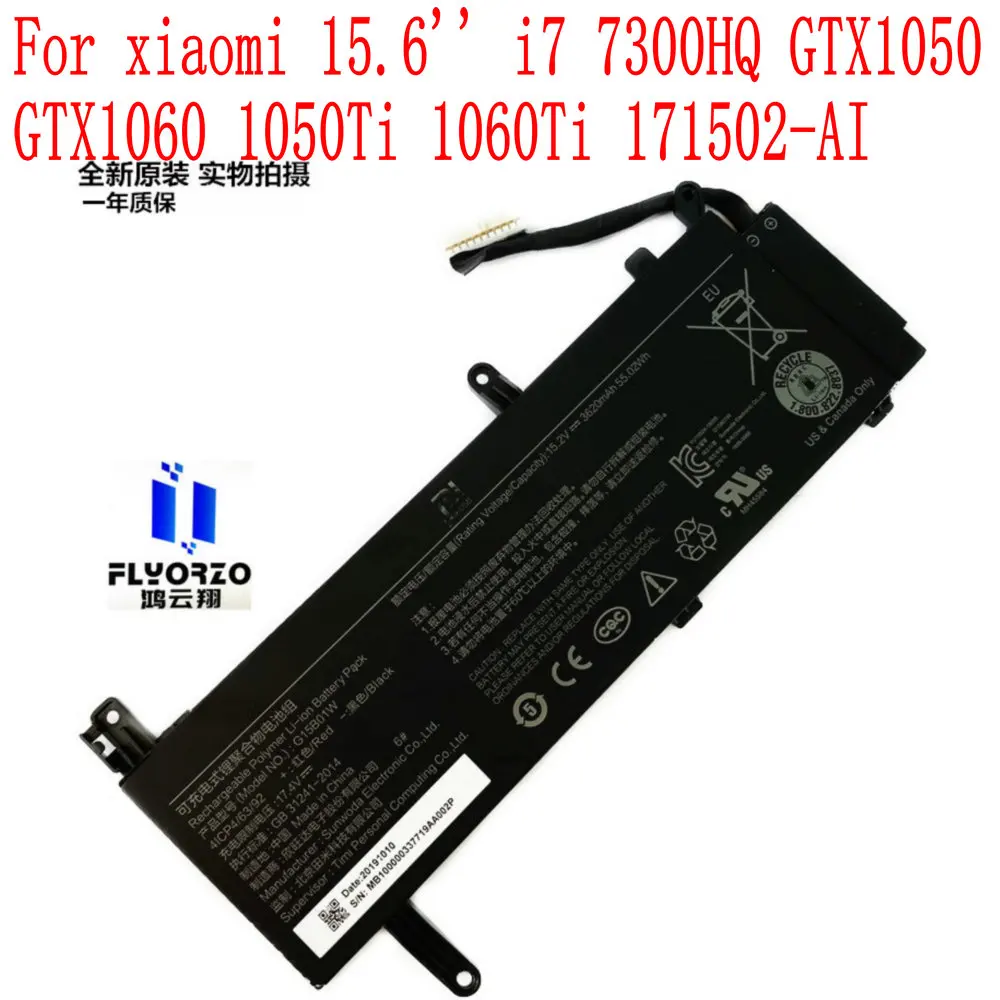

100% Brand new 55.02WH/3620mAh G15B01W battery For xiaomi 15.6'' i7 7300HQ GTX1050 GTX1060 1050Ti 1060Ti 171502-AI Laptop
