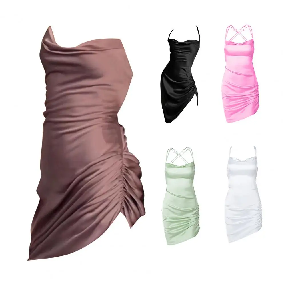 

New Arrival!!! Sling Dress Spaghetti Straps Backless Women Solid Color Ruched Bodycon Mini Satin Dress for Summer