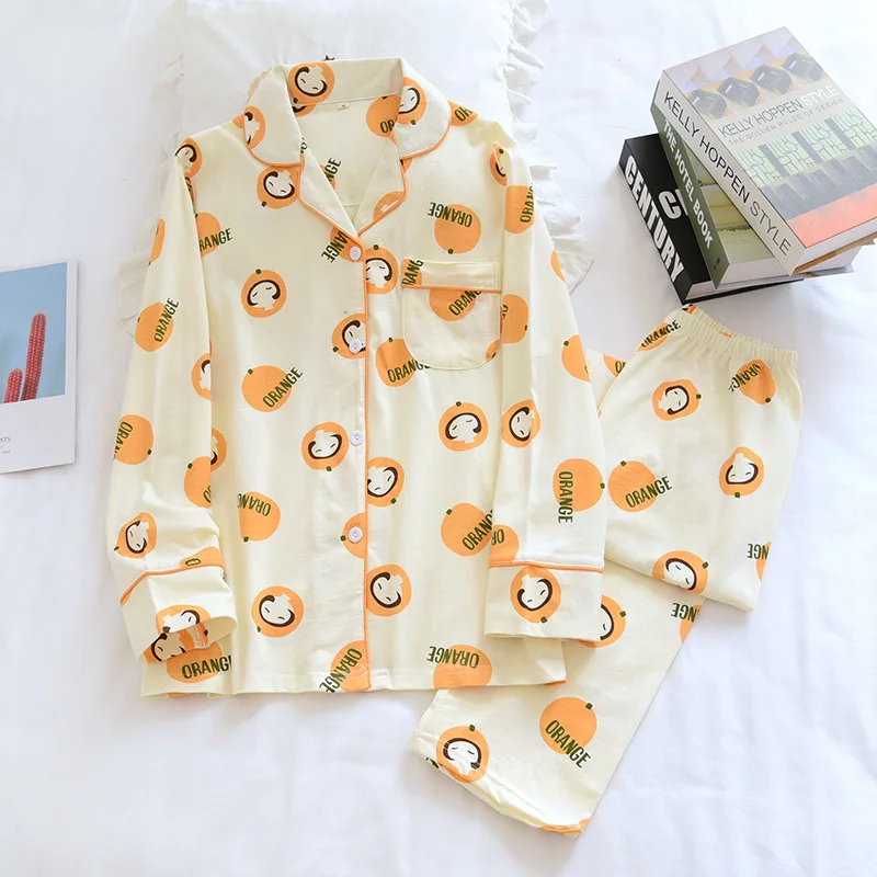 

Spring/Autumn New Women's Pajamas Knit Cotton Ladies Long Sleeve Sleepwear Suit Loose Comfortable Thin Cardigan Summer Home Wear