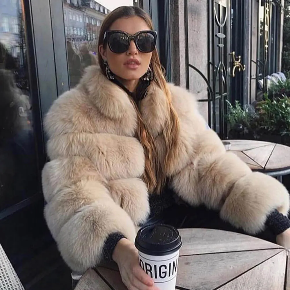 Khaki 60 60 см новая теплая шуба из натурального Лисьего меха женская зимняя Толстая Шуба из натурального Лисьего меха Меховая куртка верхняя одежда женский Дамский стоячий воротник жакет из меха - Цвет: Khaki 60