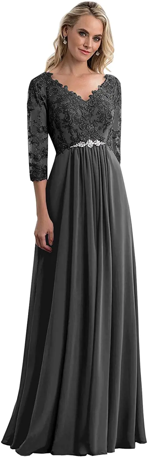 

Women's V-Neck Lace Appliques Chiffon Mother of The Bride Dress with Sleeves Long Evening Formal Dress Bride-dress