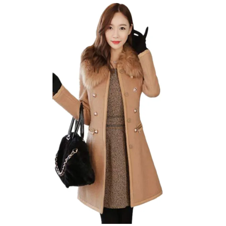 

Autumn Winter Women's Slim Wool Blends Coat Fur-collar Trench Cashmere Coat Abrigos Mujer Elegante Long Cape Alpaca Tweed Top
