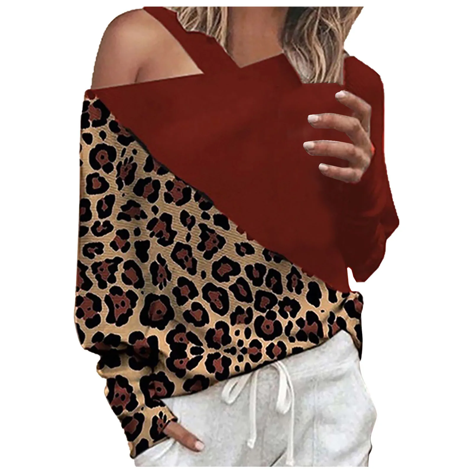 women sweetshirts Women Fashion Long Sleeve Blouse Splicing Sleeves Tops Chiffon Leopard Shirt