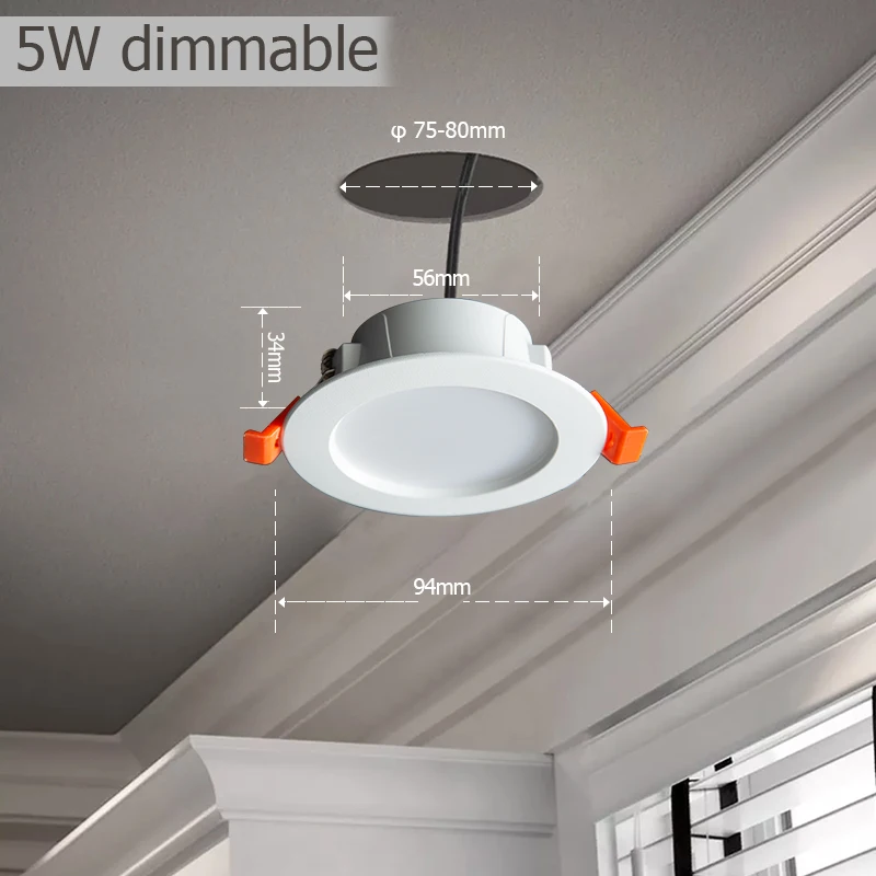 

5W Dimmable LED Recessed Downlights Warm White Ceiling Lights AC220V Spot Lamps for Bathroom Bedroom Indoor Lightings