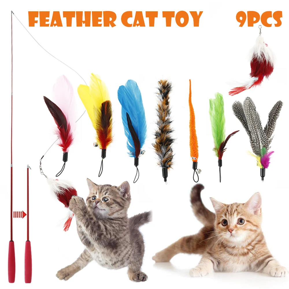 

Pet Funny Cat Wand Toy 1X Three-sectionTelescopic Teaser Rod+8X Feather Replacement Heads With Small Bell Kitten Interactive Toy